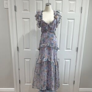 NWT Astr The Label Mable Lilac Floral Cutout Tiered Chiffon Maxi Dress Size XL